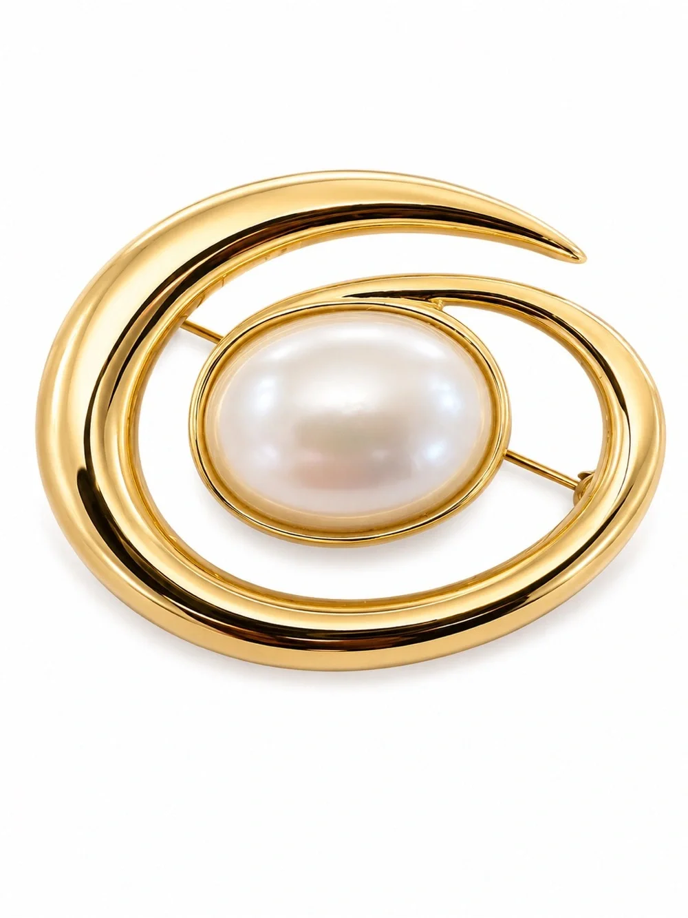 Vintage Monet Gold Tone Faux Pearl Brooch – Modernist Swirl Statement Pin